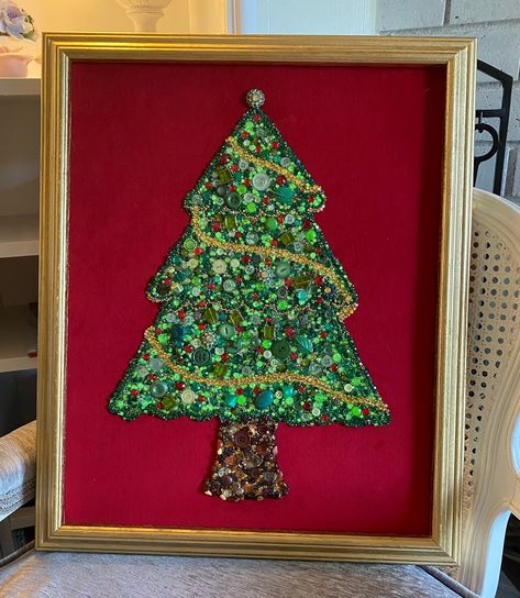 Vintage - 1990's - Jeweled Christmas Tree - Art - One-Of-a-Kind - Hand Made - Gems, Jewels, Buttons, Beads on Red Velvet Covered - Canvas Large piece, holiday, Christmas hand-made framed wall art. Gems, jewels, vintage jewelry pieces, Swarovski crystals and buttons were used to create this unique, one-of-a-kind piece of art. Each piece of the art is hand placed and sealed with a clear acrylic adhesive to keep the pieces in place. This holiday piece truly makes a statement and would make a wonder Beads On Canvas, Button Tree Art, Button Art On Canvas, Sea Glass Window Art, Jeweled Christmas Trees, Jeweled Christmas, Glass Window Art, Christmas Tree Art, Vintage Jewelry Crafts