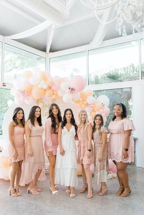 Kara's Party Ideas Pretty Pink & Orange Bridal Shower | Kara's Party Ideas Bridal Shower Pastel Outfits, Pink And Peach Bridal Shower Decor, Pastel Pink Bridal Shower Ideas, Light Pink Bachelorette Party Outfit, Peach Bridal Shower Theme, Pink Bridal Shower Dress For Bride, Bridal Shower Photography Ideas, Bridal Shower Peach Theme, Cute Bridal Shower Outfits