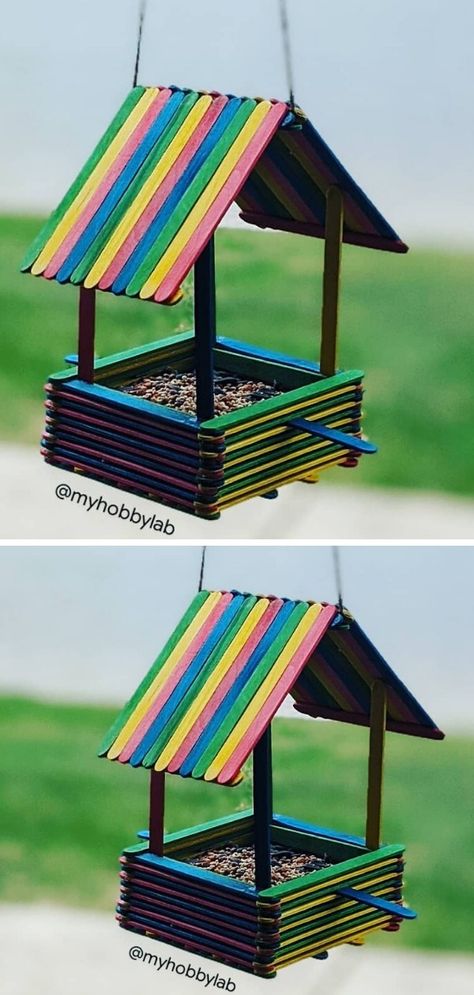 Crafts Sticks Ideas, Birdhouse Popsicle Sticks, Cool Crafts With Popsicle Sticks, Diy Elementary Crafts, Popsicle Stick Art Projects, Craft Stick Bird House, Diy Birdhouse Popsicle Sticks, Popsicle Stick Bird House Diy, Bird Houses Popsicle Sticks