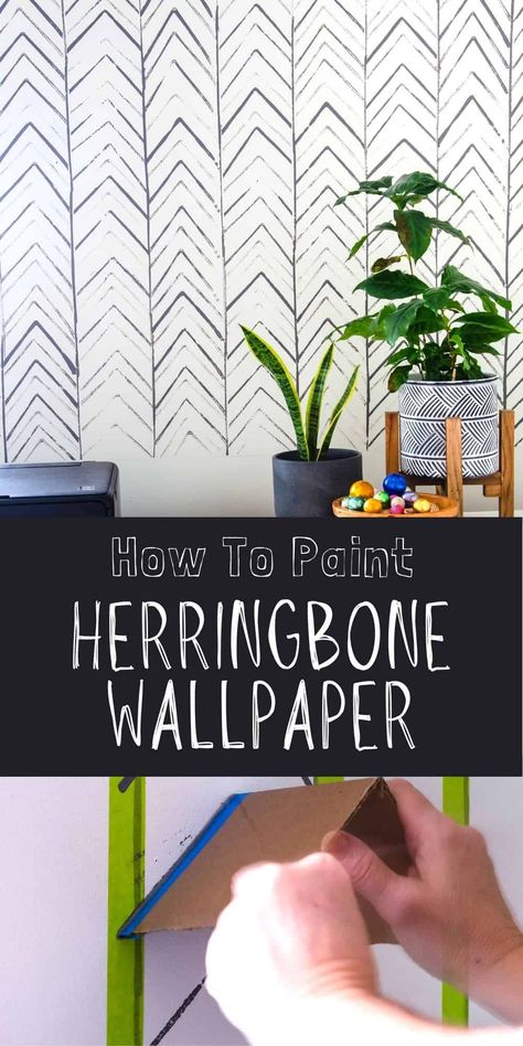 Diy Stamp For Wall, Hand Painted Herringbone Wall, Herringbone Painted Wall Diy, Diy Faux Wallpaper Accent Wall, Painters Tape Art Wall, Diy Herringbone Wall Paint, Hand Painted Wallpaper Diy, Herringbone Wall Paint, Painted Herringbone Accent Wall