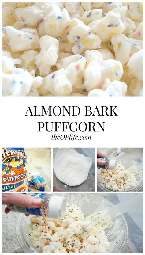 Puffed Corn Recipes, Almond Bark Recipes, Popcorn Treats, Snack Mix Recipes, Bark Recipe, Almond Bark, Popcorn Recipes, Christmas Snacks, Snack Mix