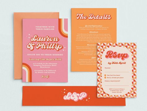 Retro 1970s wedding invitations - printed wedding invites - Groovy 70's wedding stationery - retro wedding Boho Retro Wedding Invitations, 70s Retro Wedding Invitations, 70s Wedding Invite, 70s Wedding Invitation, Retro Wedding Invites, Colourful Invitations, Retro Wedding Stationery, Sienna Wedding, Graphic Wedding Invitations