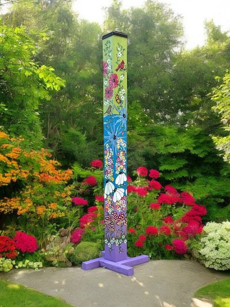 Garden Post Handcrafted Buds and Birds Décor for Your Outdoor Space, Perfect for Garden Lovers & Nature Enthusiasts - Etsy Garden Poles Painted, Garden Posts Decorative, Fence Post Decorating Ideas, Garden Totems Diy Yard Art, Painted Posts, Garden Stick, Peace Poles, Light Posts, Peace Pole