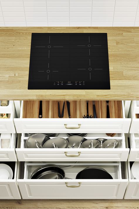 Organizing your kitchen has never been easier! From cookware organizing to waste sorting, add interior organizers to your kitchen cabinets and drawers to make your IKEA SEKTION kitchen more organized than you've ever dreamed possible. Ikea Kitchen Drawer Organization, Ikea Kitchen Drawers, Kitchen Drawer Inserts, Ikea Kitchen Accessories, Ikea Variera, Kitchen Cabinets Storage, Ideas For Kitchen Cabinets, Kitchen Cabinets Storage Organizers, Ikea Sektion