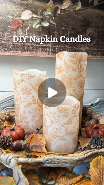 Kassie / Georgia Girl on Instagram: "DIY Napkin Candles are a simple yet stylish way to elevate any candle and give it a high-end look. After working on my Decoupage Pumpkin project, I had some leftover napkins, so I decided to put them to good use and create these beautiful candles. Whether you’re using real wax candles or opting for flameless ones like I did, this project is incredibly versatile. The best part? You can customize them for any season or occasion – the design possibilities are endless! Just let your creativity (and napkins) guide you.
 
Start by choosing your candles—I went with flameless ones and found a great set at Hobby Lobby. Next, take your napkin and separate the layers so you’re left with just the printed side. Wrap the napkin around your candle and trim it to fit b Decoupage Pumpkins With Napkins, Napkin Candles, Decoupage Candles, Decoupage Pumpkins, Diy Napkins, Napkin Decoupage, Pumpkin Projects, Centerpiece Ideas, Flameless Candles