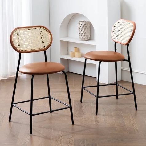 Beachcrest Home Oglethorpe 24" Counter Stool & Reviews | Wayfair Breakfast Stools, Rattan Counter Stools, Rattan Bar Stools, Brown Cushions, Swivel Counter Stools, Rattan Dining Chairs, Bar Stool Chairs, Counter Height Bar, Leather Bar Stools