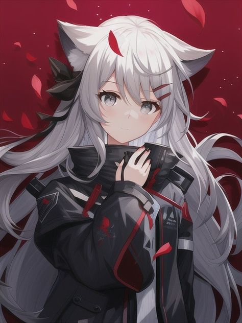 Girl, Fox ears, red, White hairs. Anime Fox Ears, Kitsune Female, Kitsune Girl, Wolf Ears And Tail, Anime Kid, Vtuber Fanart, Dark Grey Hair, Wolf Ears, Gato Anime