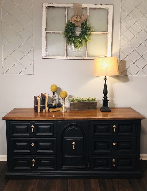 Dresser Flip Black And Wood, Black Dresser With Natural Wood Top, Black Buffet Table Gold Hardware, Black And Brown Dresser Makeover, Black And Brown Furniture Diy, Refinish Dresser Black, Gold Black Wood Decor, Black And Wood Buffet Sideboard, Black Dresser Entryway Ideas