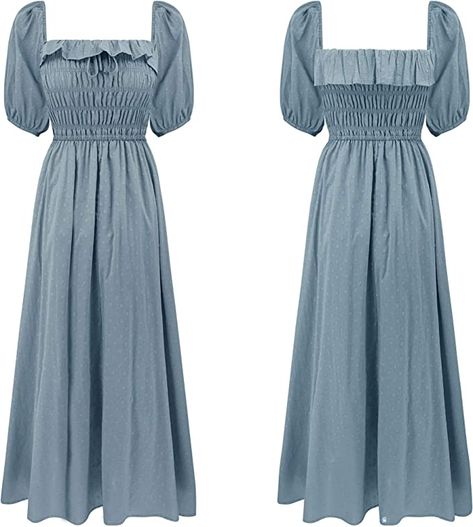 R.Vivimos Women Summer Half Sleeve Cotton Ruffled Vintage Elegant Backless A Line Flowy Long Dresses (Medium, Haze Blue-1) at Amazon Women’s Clothing store Color Palette Style, Flowy Long Dress, My Color Palette, Dresses Cottagecore, Long Dres, Flowy Dress Long, Dress Empire Waist, Breastfeeding Dress, Oasis Dress