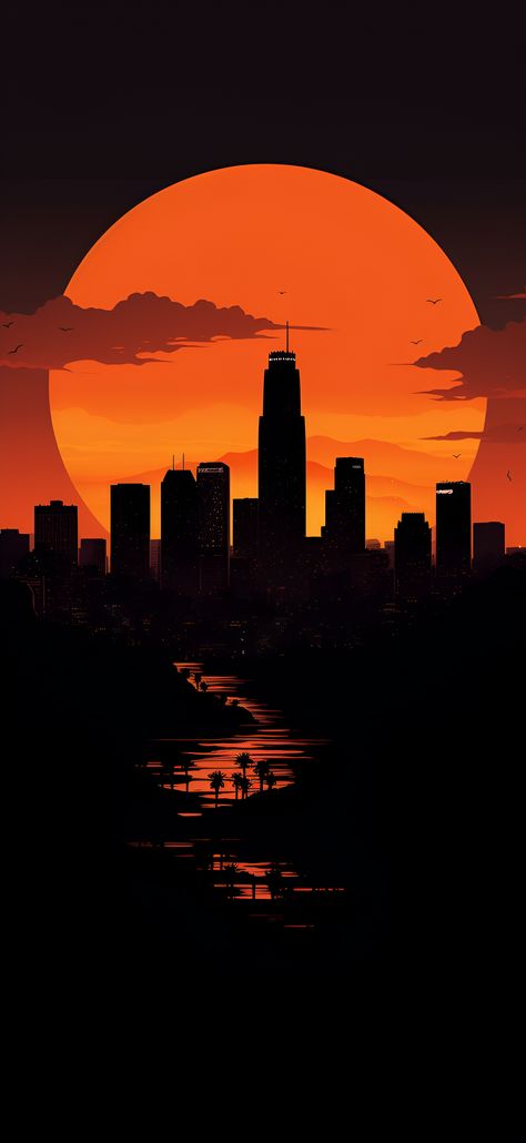 Warm orange aesthetic view of the Los Angeles skyline including the U.S. Bank Tower. Black And Orange Iphone Wallpaper, Minimal Sunset Wallpaper, Iphone Wallpaper Orange Aesthetic, Orange Wallpapers For Iphone, Black And Orange Wallpaper Iphone, Orange And Black Aesthetic Wallpaper, Orange Aestethic Wallpaper, Orange Iphone Wallpaper Aesthetic, Aesthetic Wallpaper Iphone Sunset