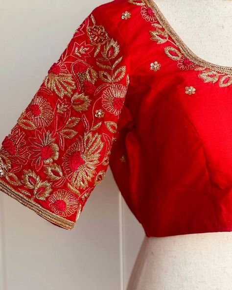 Dm@96404 90158 Designer maggam work blouse Fabric: Halfpattu /Rawsilk Dispatch: 3days Price : 2800unstiched . 3350stitched Colours and sizes can be customised accordingly Work On Red Blouse, Bridal Saree Blouse, Latest Bridal Blouse Designs, Embroidery Red, Maggam Work Blouse, Traditional Blouse Designs, Blouse Design Images, Wedding Blouse Designs, Hand Work Blouse