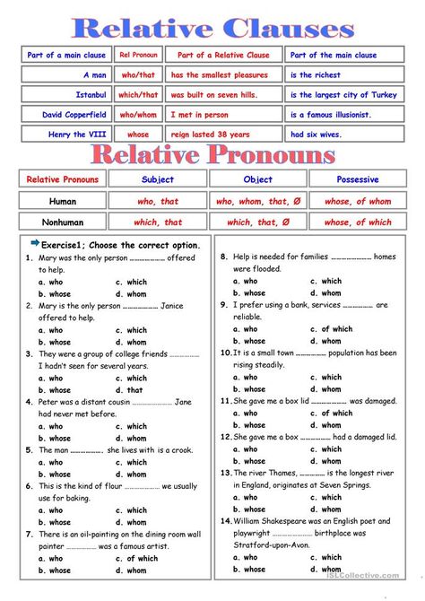 RELATIVE CLAUSES - English ESL Worksheets Relative Clauses Grammar, Relative Clauses Worksheets, Clauses Worksheet, English Grammar Test, English Tenses, Relative Clauses, English Grammar Exercises, Relative Pronouns, English Grammar For Kids