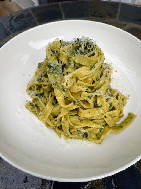 Fresh pesto made from the garden (basil and garlic) with fresh local eggs for the fettuccine by floyder55 Pesto, Basil, The Garden, Garlic, Pasta, Plating, Quick Saves