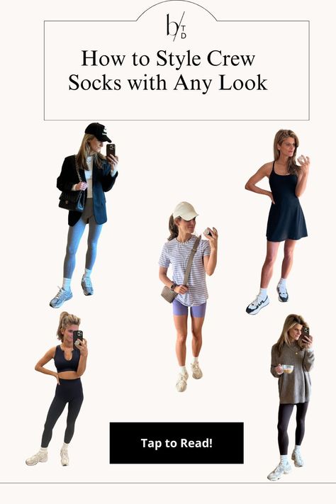 Mid Socks Outfit Street Styles, Sneakers With Ankle Socks, White Sneakers High Socks, Styling Crew Socks, How To Style Socks With Sneakers, Nike Crew Socks Outfit Women, Dress With Socks And Sneakers, Quarter Socks Outfit, How To Wear Crew Socks Outfit