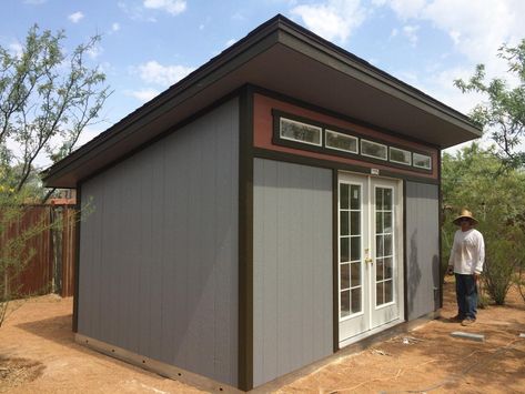 The Premier Pro Studio: a perfect home office! With a modern style, slanted roof, and plenty of windows, this Studio doesn't feel like a shed at all. Tough Shed, Shed Roof Design, Slanted Roof, Utility Sheds, Tuff Shed, Shed Construction, Modern Shed, Cheap Sheds, Storage Shed Plans