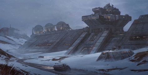 Fortress-conceptual structure for a more permanent garrison on a developed planet. Sci Fi Research Facility, Snow Planet Scifi Concept Art, Sci Fi Military Base, Snow Planet, Sci Fi Base, Scifi Building, Sci Fi Building, Sci Fi Architecture, Research Facility