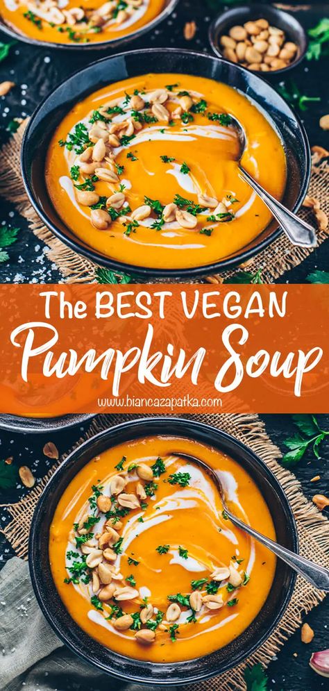 Vegan Pumpkin Soup Recipe, Roasted Pumpkin Soup Recipe, Autumn Meals, Thanksgiving Soups, Roasted Pumpkin Soup, Pumpkin Recipes Dinner, Vegan Pumpkin Soup, Roast Pumpkin Soup, Creamy Pumpkin Soup