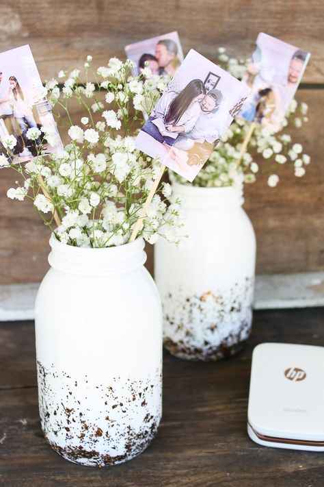 Bridal Shower Centerpieces Diy, Picture Centerpieces, Centerpieces For Weddings, Wedding Centerpieces Mason Jars, Bridal Shower Inspo, Bridal Shower Decorations Diy, Couple Wedding Shower, Bridal Shower Planning, Bridal Shower Tables