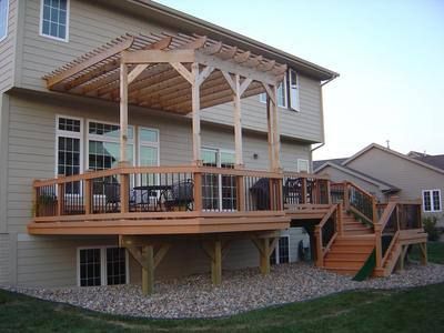 deck pergola pictures | Raised Deck with Pergola | St. Louis Decks, Screened Porches, Pergolas ... Porch With Pergola, Ombra Pergola, Pergola Deck, Pergola Decorations, Raised Bed Garden Design, Pergola Pictures, Raised Deck, Cheap Pergola, Pergola Swing