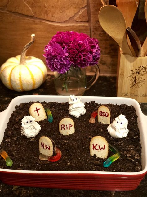 Ghosts in the Graveyard White Wine Mussels, Ghosts In The Graveyard, Graveyard Pudding, Smoked Salmon Crostini, Salmon Crostini, Graveyard Cake, Whipped Cream Desserts, Cool Whip Desserts, Halloween Deserts