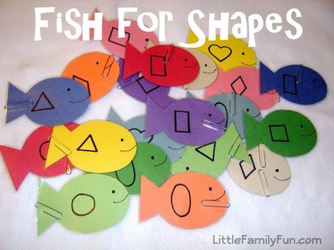 Fish for Shapes game...I could use this as a matching game for end-of-the-year review.  Specifically, I'd write the shape's name on one fish {cylinder} and draw a picture of it on another fish.  ~RA Fish Activities, Teaching Shapes, Fun Activities For Toddlers, Shape Games, Shapes Preschool, Activities For Boys, Learning Shapes, Shapes Activities, Crafts For Boys