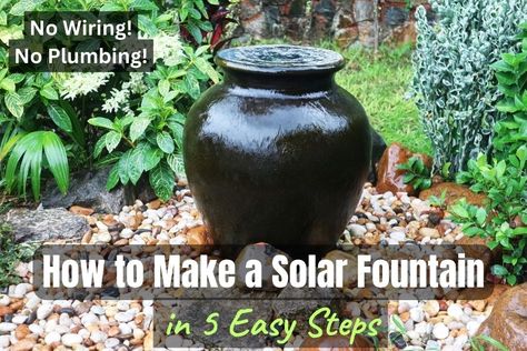 how to make a solar fountain Flower Pot Fountain Diy Solar, Diy Outdoor Solar Fountain, Solar Fountains Outdoor Diy, Ground Water Feature, Solar Water Feature, Diy Solar Fountain, Solar Bird Bath, Solar Powered Fountain, Solar Water Fountain