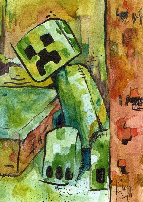 minecraft creeper watercolor Minecraft Sketches To Draw, Minecraft Watercolor Painting, Minecraft Creeper Fanart, Minecraft Watercolor, Creeper Minecraft Drawing, Minecraft Creeper Art, Minecraft Drawing Ideas, Creeper Painting, Minecraft Painting Ideas