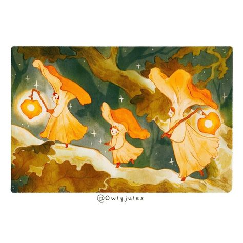 Julie’s Instagram profile post: “Wisptober 3 - Chanterelle "It was not fireflies going up the oak tree that night, but 3 little Chanterelles who had left their usual spot,…” 동화 삽화, Whimsical Paintings, Book Illustration Art, Halloween Illustration, Exploring The World, Oak Tree, Environmental Art, Pretty Art, 그림 그리기