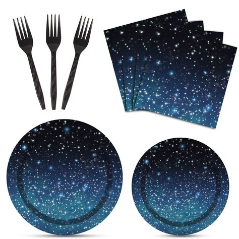 PRICES MAY VARY. Package includes: You will receive 24 9" Space Party Paper Plates, 24 7" Space Party Paper Plates, 24 6.5" Napkins and 24 Black Plastic Forks, each set can hold 24 guests. Premium Material: All of our space theme plates and napkins are made of quality paper, non-toxic, no smell, heat-resistant and durable. The pattern and color are well-printed and fade-resistant to provide you with a party full of outer space theme atmosphere. Vibrant Space Party Design: Except for the fork, th Eclipse Party, Space Party Decorations, Outer Space Theme, Space Birthday Party, Summer Party Decorations, Party Table Settings, Birthday Star, Party Table Cloth, Space Party