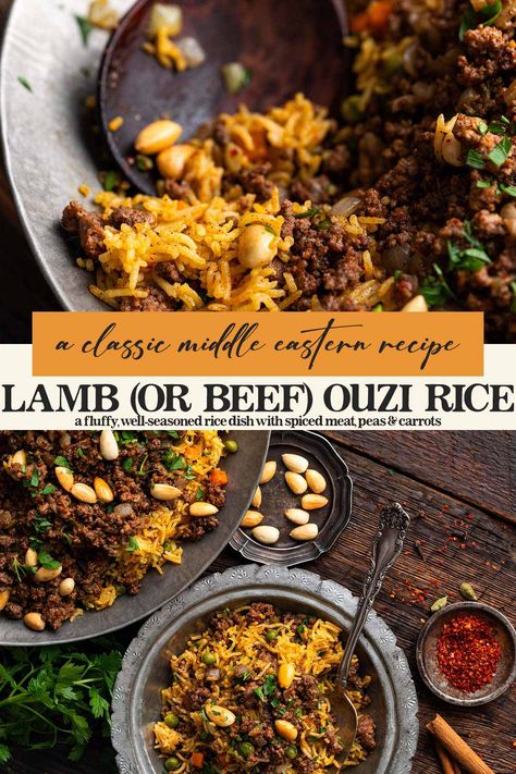 If you enjoy cooking Middle Eastern recipes, you'll love Lamb Ouzi Rice! It's a beautifully-spiced fluffy rice pilaf with peas, carrots, lamb (or beef), and toasted buttery nuts. Like a lot of Arabic food, it's healthy, flavorful, and impressive enough for guests - but you'll be surprised at how easy it is to make! Ground Lamb Indian Recipes, Maqluba Recipe Lamb, Ground Lamb And Rice Recipes, Lamb Fried Rice, Lamb Rice Recipes, Arabic Lamb Recipes, Ouzi Recipe, Ouzi Rice, Ground Lamb Recipes Easy