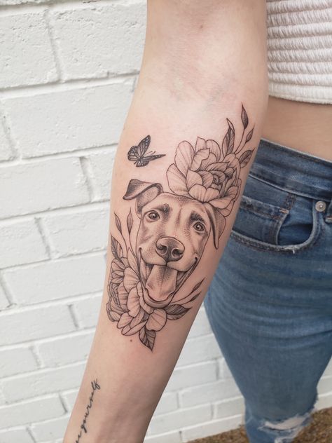 Floral Cat And Dog Tattoo, Forearm Dog Tattoo Women, Dog Face Tattoo With Flowers, Pitbull Flower Tattoo, Dog Portrait Tattoo Placement, Pet Portrait Tattoo Placement, Dog Floral Tattoo, Animal Portrait Tattoos, Dog Portrait Tattoo Flowers