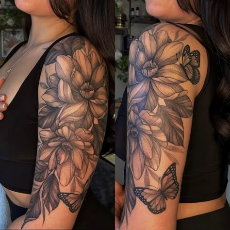 Both Sleeve Tattoos Women, Cover Up Arm Tattoo, Upper Arm Sleeve Tattoo Women, Arm Sleeve Tattoos For Women, Floral Thigh Tattoos, Feminine Tattoo Sleeves, Tattoos For Women Half Sleeve, Tattoos For Black Skin, Forearm Tattoo Women