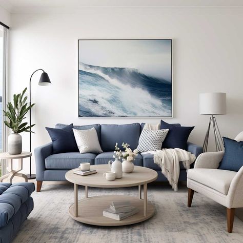 Explore unique and stylish coastal living room ideas to create a serene and chic nautical-inspired space in your home. From rustic seaside charm to sophisticated navy accents, find inspiration to bring the tranquility of the coast into your living room decor. Interior Design Living Room Grey, Navy Living Room Ideas, Navy Sofa Living Room, Navy Living Room, Coastal Chic Living Room, Coastal Cottage Living Room, Coastal Living Room Ideas, Blue Sofa Living, Navy Living