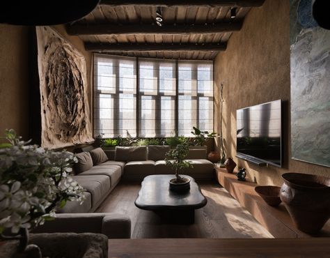 Project WABI SABI APARTMENT ◾ MAKHNO Zen Living Room Decor, Penthouse Apartment Design, Wabi Sabi Apartment, Zen Living Room, Wonder Valley, Casa Wabi, Wabi Sabi Interior, Zen Interiors, Neutral Green