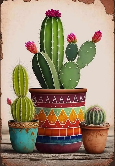 Cactus Flower Painting, Wall Decor Garden, Cactus Paintings, Cactus House Plants, Potted Cactus, Diamond Painting Tools, Cactus Drawing, Acrylic Art Projects, Cactus Painting