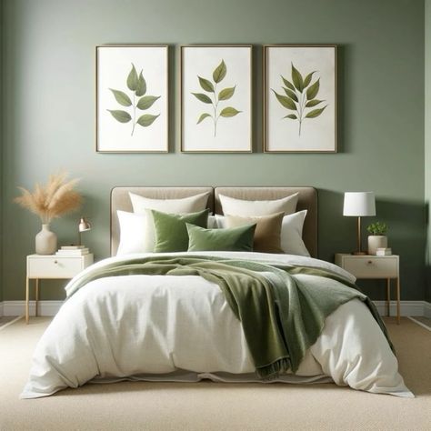 Sage green bedroom, cream carpet, white bedding accented with green tthow and cushions. Leaf pictures Cream White Green Bedroom, White Bed With Green Accents, Sage Green Brown And White Bedroom, White And Sage Bedroom Ideas, Sage Green Beige Bedroom, White Bedding With Green Accents, Olive And Cream Bedroom, Sage Green And White Bedroom Ideas, White And Olive Green Bedroom