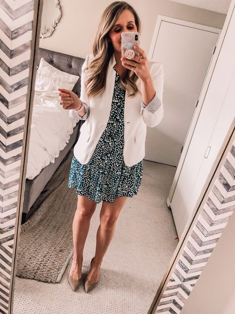 Amazon dress with a white blazer Beige Blazer With Dress, White Blazer Over Dress, Skirts And Blazers Outfit, Dresses And Blazers Outfit, White Blazer With Dress, Blazers With Dresses, White Blazer Dress Outfit, Dress And Blazer Outfit Work, Blazer With Dress Outfit