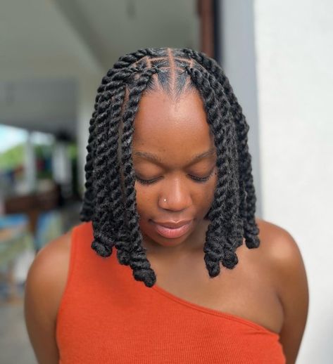 Lob Twists with Knotted Ends Marley Twist Short, Marley Twist Hairstyles Short, Bob Twists, Short Marley Twists, Neck Length Hair, Marley Twist Hairstyles, Twist Cornrows, Marley Twist, Short Twists