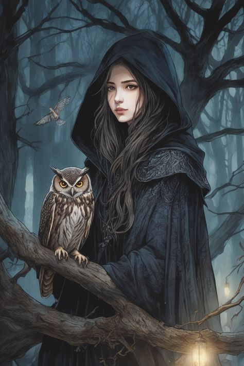 Playground - Mistery beautiful girl sits on a branch in a dark cloak with... Dark Cloak, Witch Wallpaper, Owl Girl, Fantasy Witch, Witch Girl, Fairytale Photography, Witch Magic, Garden Artwork, Dungeons And Dragons Characters