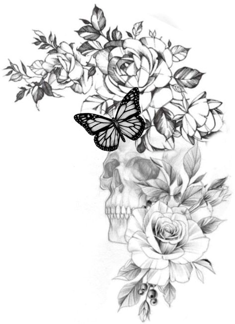 Skull Butterfly Flower Tattoo, Subtle Skull Tattoo, Butterfly Skull Tattoo For Women, Skull Shoulder Tattoo, Skull And Flower Tattoo, Pretty Skull Tattoos, Floral Skull Tattoos, Skull Butterfly Tattoo, Skull Tattoo Flowers