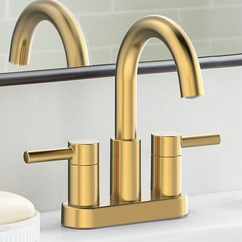 allen + roth Harlow Brushed Gold 4-in centerset 2-Handle WaterSense Bathroom Sink Faucet with Drain and Deck Plate in the Bathroom Sink Faucets department at Lowes.com Gold Bathroom Fixtures Sink Faucets, Bathroom Vanity Sinks, Gold Bathroom Sink Faucet, Sink Faucets Bathroom, Brass Faucet Bathroom, Gold Bathroom Fixtures, Bathroom Plumbing Fixtures, Midcentury Modern Bathroom, Pedestal Sink Bathroom