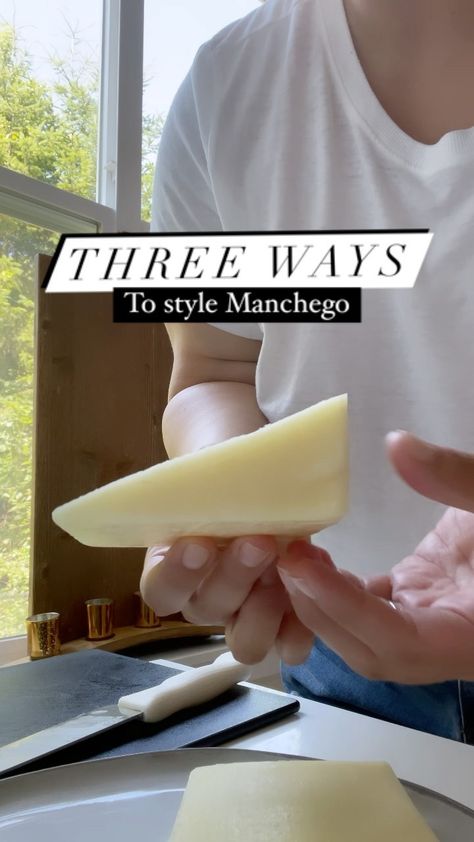 Manchego Cheese Board, How To Cut Manchego Cheese, Manchego Cheese Pairing, How To Cut Cheese, How To Cut Cheese For Charcuterie, Charcuterie Styling, Manchego Cheese Recipes, Jarlsberg Cheese, Charcuterie Display