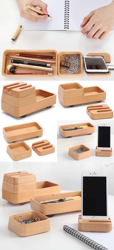 Diy Stationery Holder, Diy Stationery Organizer, Office Desk Organization, Paper Clip Holder, Card Holder Diy, Desk Phone Holder, Wood Office Desk, Phone Dock, Collection Storage