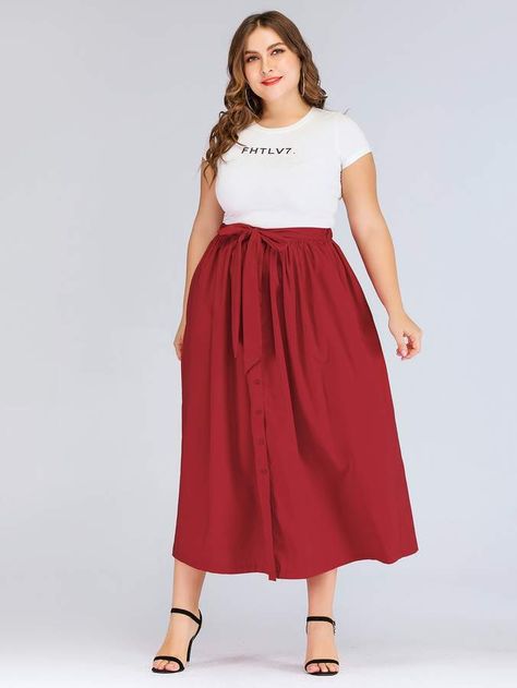 Shein Plus Knot-front Single Breasted Skirt Skirts For Plus Size Women, Skirts For Plus Size, Skirt With Tshirt, Woman Skirt, Plus Size Skirts, Shein Style, Knee Length Skirt, Look Plus, Fashion Help