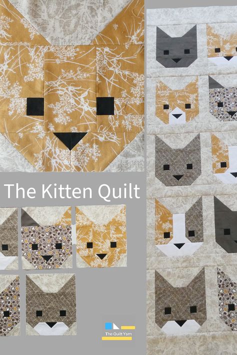 The Kitten Quilt, a pattern by Elizabeth Hartmann. Too cute. Started several years ago finally finished the quilt top. Cat Face Quilt Block, Easy Pieced Quilts, Cat And Dog Quilt Patterns, Black Cat Quilt Block, Kitten Quilt Pattern, Quilt Block Projects, Cat Quilt Patterns Templates, Easy Cat Quilt Patterns Free, Beginners Quilting Projects