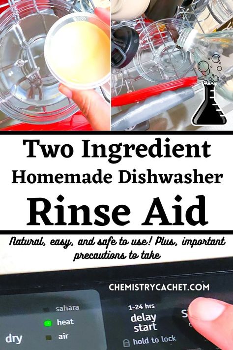 Are you looking for a homemade rinse aid for your dishwasher? Check out this natural, easy two ingredient option. This DIY helps cloudy dishes, hard water, bad odors, and even cleaning the dishwasher. Learn how it works, why it works plus important precautions to use when you make a homemade cleaner like this. Diy Dishwasher Cleaner, Homemade Dishwasher Soap, Diy Dishwasher Detergent, Dishwasher Rinse Aid, Homemade Dishwasher Detergent, Homemade Cleaner, Vinegar Rinse, Dishwasher Cleaner, Diy Dish