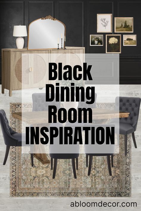 Elegant Black Dining Table, Dark Contemporary Dining Room, Black Wall Dining Room Decor, Black Dining Rooms Ideas, Black And White Modern Dining Room, Black Dining Room Walls Decorating Ideas, Black Fireplace Dining Room, Dining Room Design Black Table, Black Dining Room Accent Wall