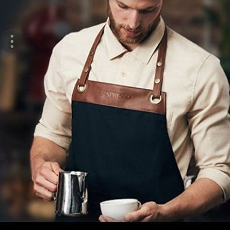 Nespresso Barista Premium Apron with Pocket Nespresso Kitchen, Barista Uniform, Barista Style, Cafe Uniform, Waiter Uniform, Barista Apron, Blue Cafe, Brown Leather Top, Restaurant Uniforms