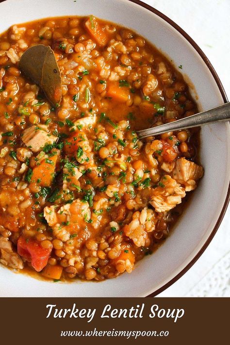 Ground Turkey Lentil, Lentil Soup Instant Pot, Turkey Lentil Soup, Turkey Lentil, Turkey Pieces, Fiber Recipes, Ground Turkey Soup, Red Lentil Soup Recipe, Leftover Turkey Soup