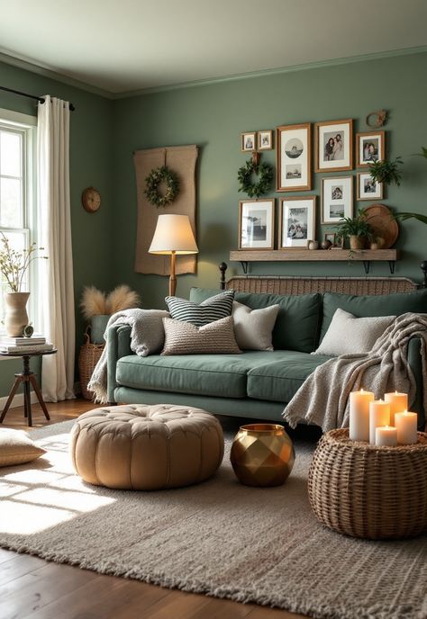 Sage Green Farmhouse Bedroom Nature Theme Living Room, Sage Green And Black Living Room, Sage Green Walls Living Room, Cozy Green Living Room, Sage Green Home Office, Green Sitting Room, Sage Green Farmhouse Bedroom, Green Farmhouse Bedroom, Green Sunroom